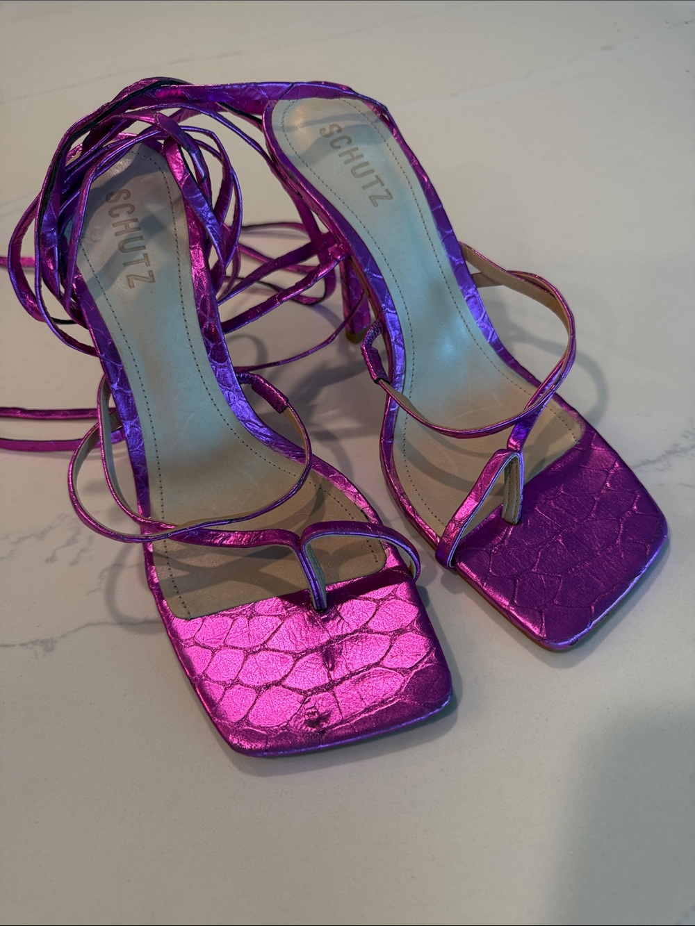 SCHUTZ Metallic Fuchsia Lace-Up Square-Toe Heels